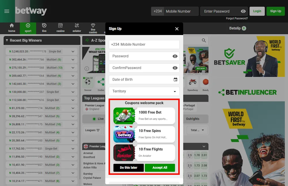 Betway Coupons welcome pack Screenshot